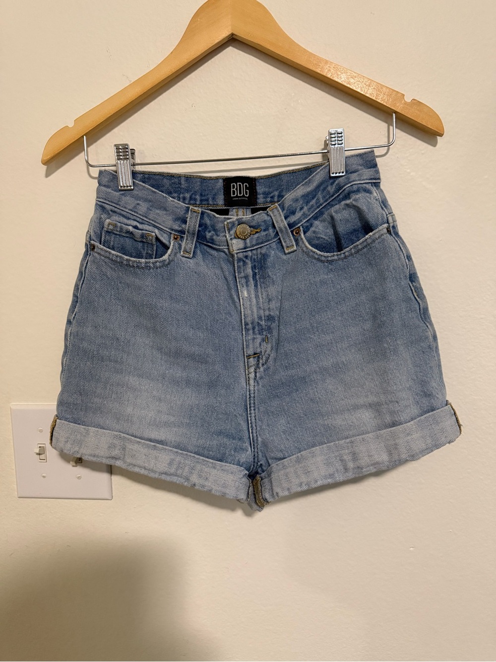 BDG Light Blue High-Rise Rolled Hem Mom Shorts